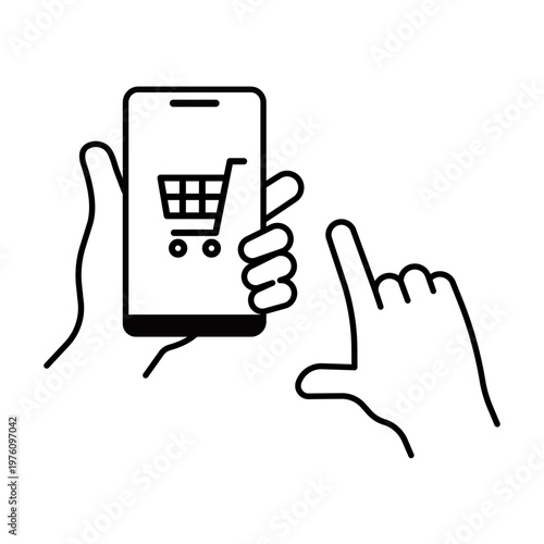スマホのカートを指さす操作アイコン（線画） – シンプル操作UIアイコンシリーズ