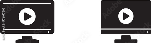 Two flat screen monitors with play button icons on white background for digital media concept