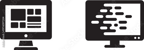 Two monitors showing data flow and layout design concepts on a white background