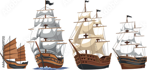 Set of vintage sailing ships and traditional boats vector illustration featuring classic wooden vessels isolated on white background