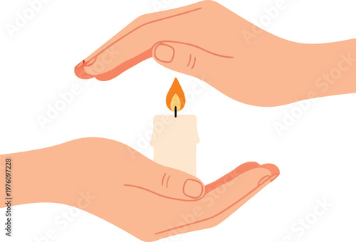 Hands cupping a candle represent the concept of protection, warmth, and spiritual guidance in a minimalist illustrative style.