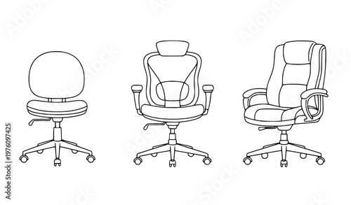 Office chair outline icon set vector ergonomic swivel and executive chair isolated on white