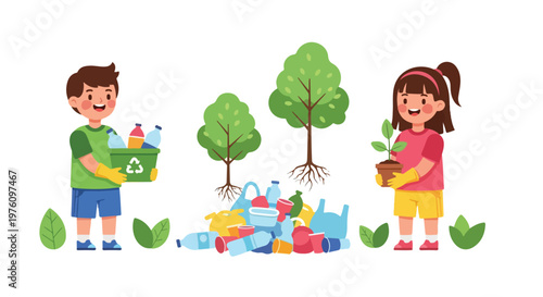 Young children participate in environmental protection by sorting plastic waste and planting saplings to ensure a cleaner planet.