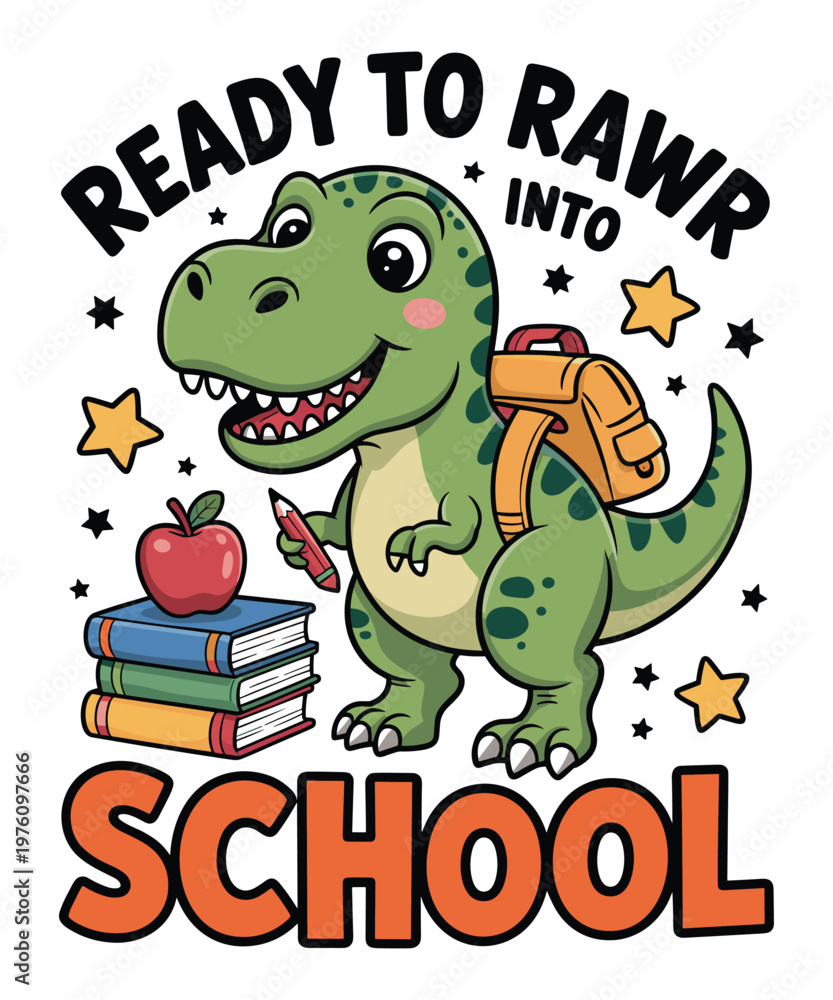 Obraz premium Cartoon dinosaur with books and apple, back to school theme