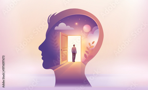 Mental health recovery concept person walking toward light inside head symbolizing healing
