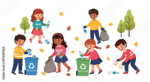 This vector illustration shows a diverse group of children working together to pick up litter and recycle waste in a park during autumn.