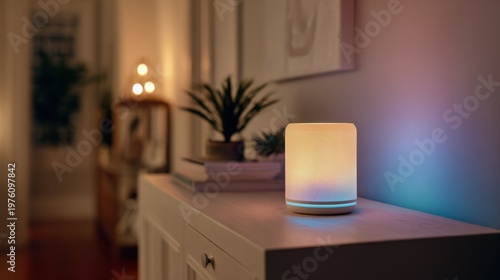 Smart speaker placed on a hallway console softly glowing while generating customizable white noise to muffle distant conversations and vibrations.