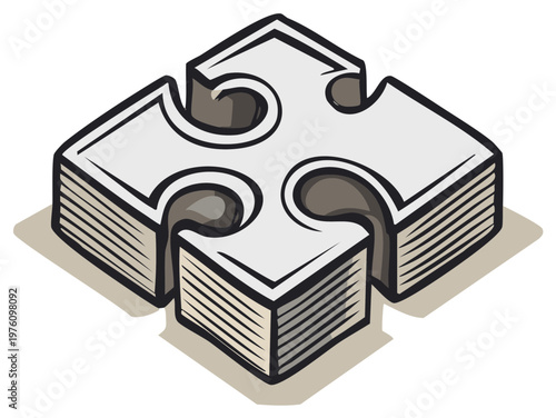 Isometric cross puzzle piece illustration representing connection solution strategy and teamwork