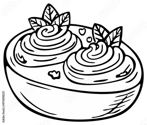 Hand drawn doodle illustration of a bowl with a creamy appetizer dip and fresh mint garnish.