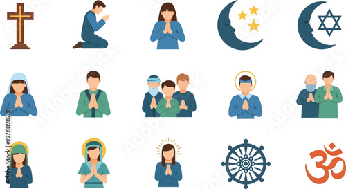 Religious icons display diverse symbols of faith including prayerful people, sacred crosses, celestial crescents, and ancient spiritual emblems for community use.