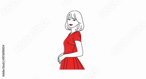 Minimalist line art of a young woman in a red dress