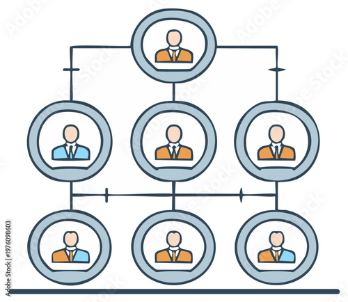 Business organization chart with hierarchical structure and employee figures