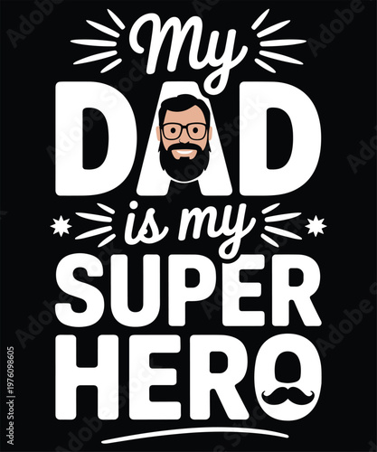 Father's day card with superhero-themed text and cartoon dad portrait