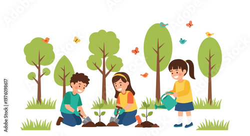 Three happy children are working together to plant and water young saplings in a green park filled with trees, birds, and butterflies.