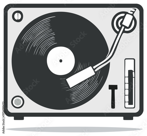 Retro Vinyl Turntable Illustration with Record and Tone Arm, Audio Equipment