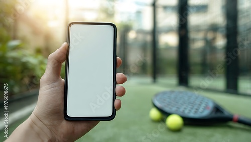 Hand holding smartphone mockup with blank white screen on green padel court with racket and balls