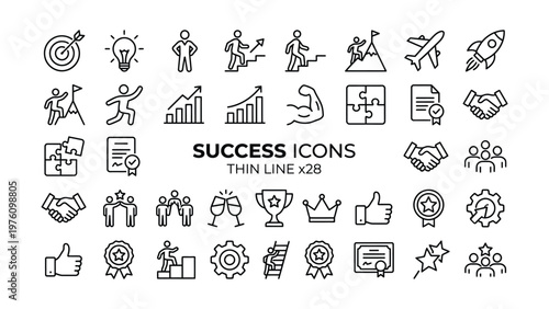 Icons representing success, motivation, willpower, leadership, determination and growth. Vector pictogram themed collection with dynamic characters and objects