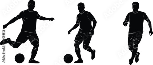 Professional soccer player silhouettes set in various action poses including dribbling kicking and running for sports graphic design vector illustration