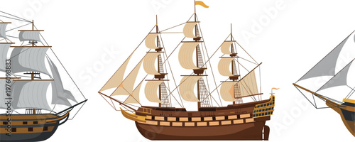 Detailed vintage sailing ship vector illustration with classic wooden vessel, large sails, historical maritime transport and nautical design elementsDetailed vintage sailing ship vector illustration w