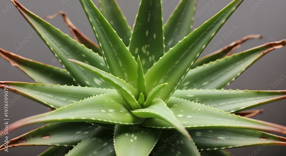 Fototapeta premium Green Aloe Vera Plant with Spiky Leaves on Gray Background