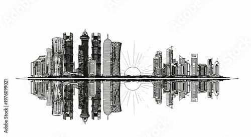 Modern city skyline with a sun and its reflection in water