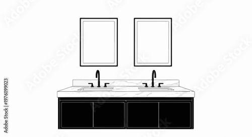 Modern double vanity with two sinks, faucets, mirrors, and cabinets