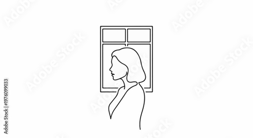 Minimalist line art of a woman's profile against a window frame