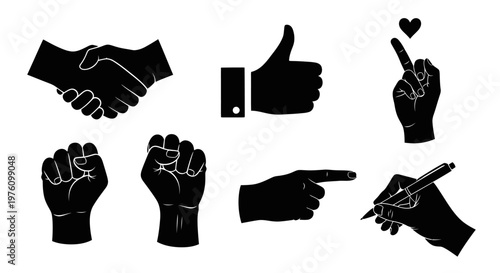 A collection of black silhouette hand gestures including handshake, thumbs up, fist, pointing finger, and writing hand on a white background.