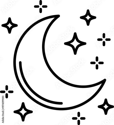 Celestial crescent moon and sparkling stars vector graphic for night sky themes, perfect for visualizing a tranquil artemis 2 tracker interface