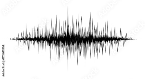 A black and white abstract representation of an audio sound wave or seismic vibration, showing fluctuating amplitudes.