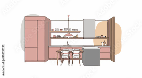 Modern kitchen with pink cabinets, dining table, and shelving
