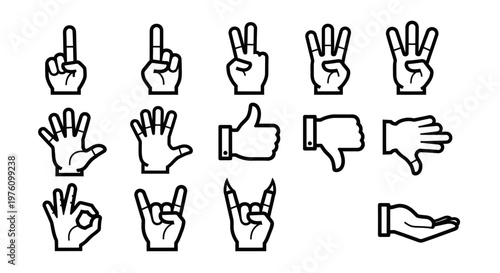 Vector illustration set of human hand gestures and icons featuring palm silhouettes, pointing fingers, and thumb up symbols for people volunteering or helping