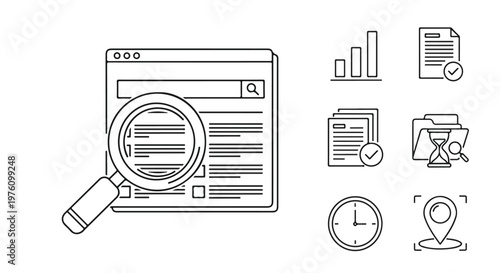 SEO search engine optimization icons set, web browser with magnifying glass, digital marketing and data analysis line art vector collection