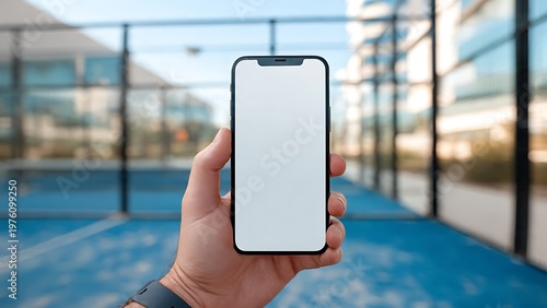 POV of person holding smartphone mockup with blank white screen at blue outdoor padel court
