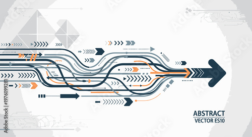 Photos Abstract vector illustration depicting multiple converging lines and arrows forming a large forward-moving arrow, symbolizing progress, data flow, and technological advancement