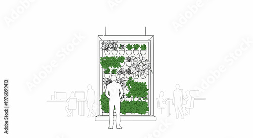 Modern office space with a vibrant vertical garden and focused workers