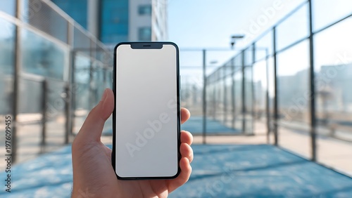Point of view holding mobile phone mockup with blank screen at blue padel tennis court facility