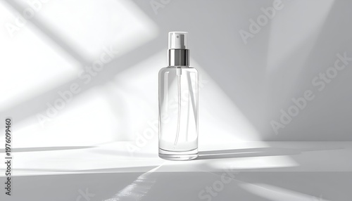 A transparent glass spray bottle with a silver cap is centered against a white backdrop. Light and shadow create a pattern behind the bottle