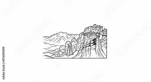 Monasteries perched on dramatic rocky peaks under a mountainous landscape
