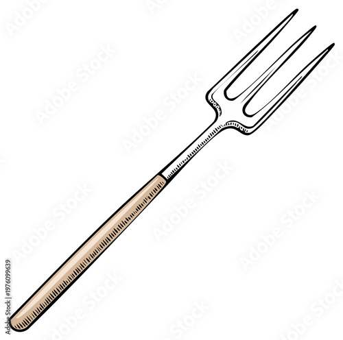 Isolated three prong fork sketch for dining or culinary concepts