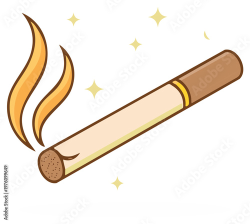 Cartoon cigarette with smoke and sparkles, flat vector illustration for design and decoration