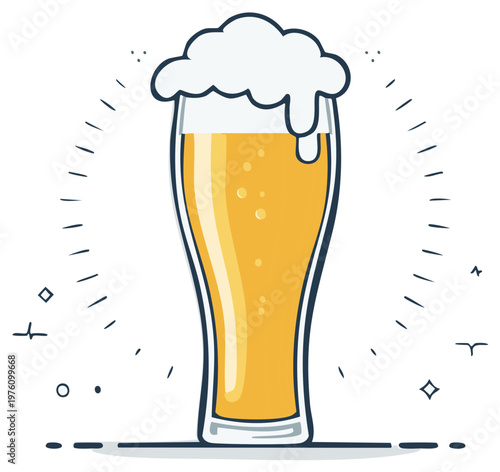 Outline illustration of a refreshing golden beer in a tall glass with foamy head and sparkle effect