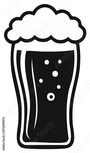 Pint glass of dark beer with frothy foam head simple black and white vector icon