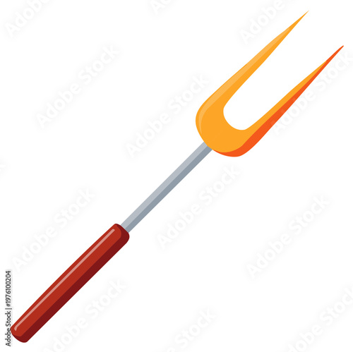 Cartoon roasting fork with orange prongs and a red handle, ideal for campfire cooking and grilling food.