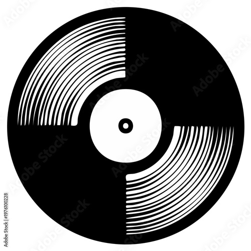 Vinyl record in black and white with dynamic line art patterns in a vintage music style