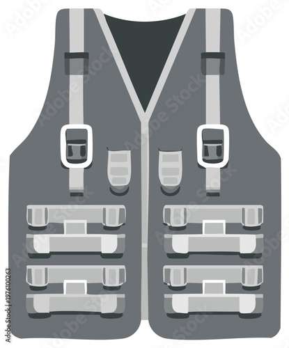 Gray utility vest with multiple pockets buckles and adjustable straps