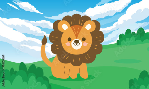 Cute Lion Cartoon Animal Landscape Illustration