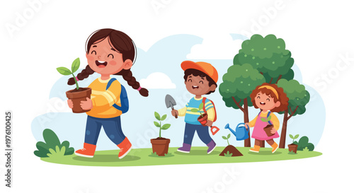 Three joyful kids are busy planting saplings in a lush green garden, equipped with pots, a trowel, and a watering can on a bright sunny day.