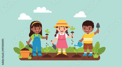 Three happy diverse children are enjoying gardening together outdoors, planting small green seedlings in the rich brown soil under a sunny sky.