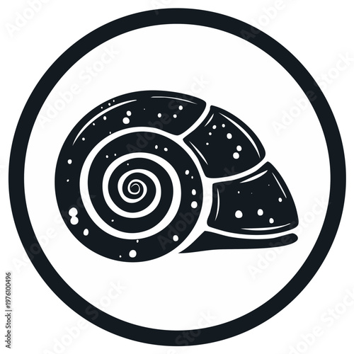 Stylized spiral seashell icon in a circle. Black and white vector graphic of a marine shell.